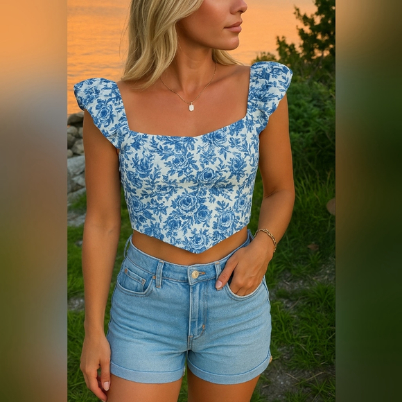 Blue & White Floral Ruffle Sleeve Crop Top size - 2 - Picture 1 of 6